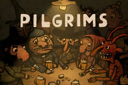 Characters gather joyously in Pilgrims mobile game