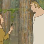 Woman shows leaf to man in Pine mobile game