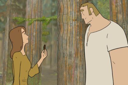 Woman shows leaf to man in Pine mobile game