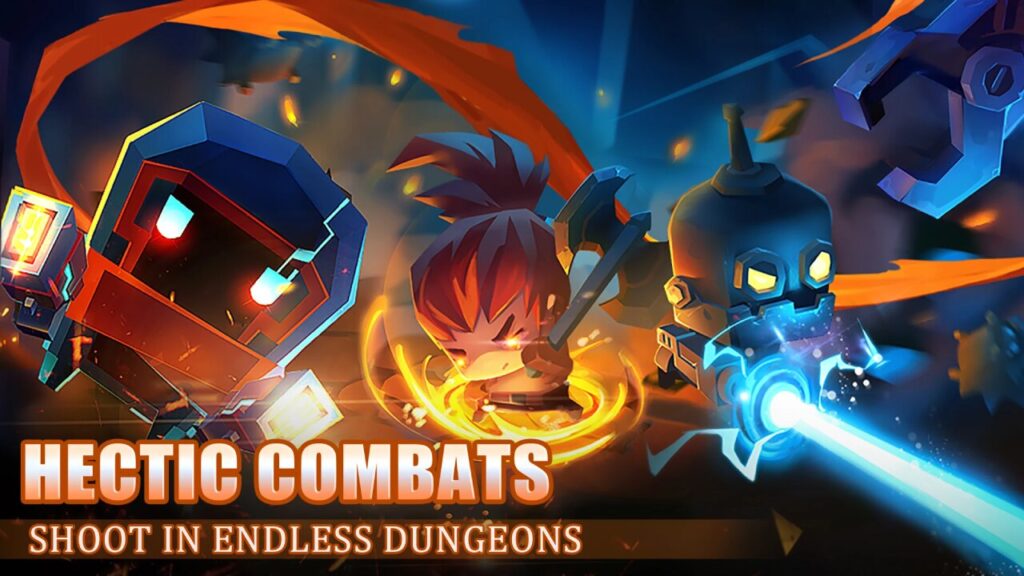 Characters battle fiercely in this offline dungeon shooter game