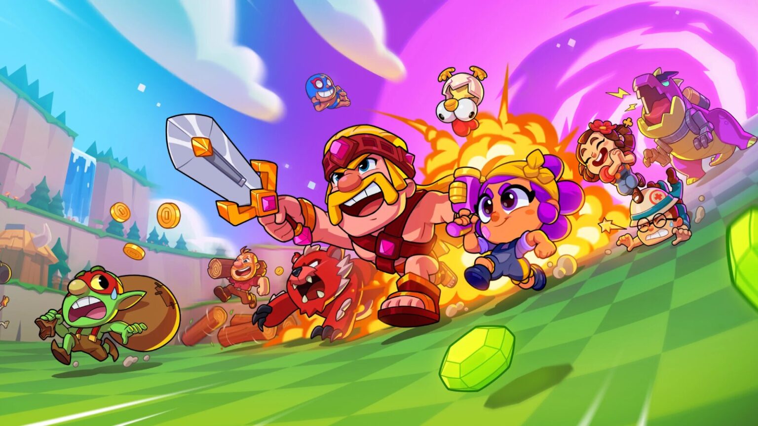 Colorful Supercell's Squad Busters characters dash for gems