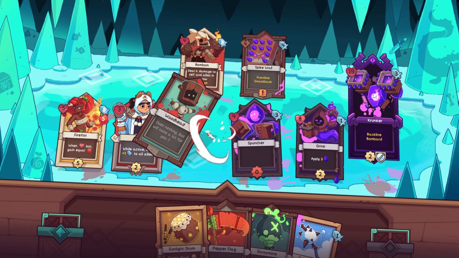 Characters battle on ice with cards in Wildfrost Android game