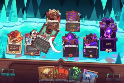 Characters battle on ice with cards in Wildfrost Android game