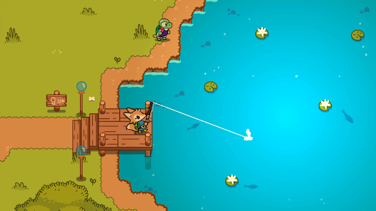 Character fishes by pier in Lonesome Village mobile game