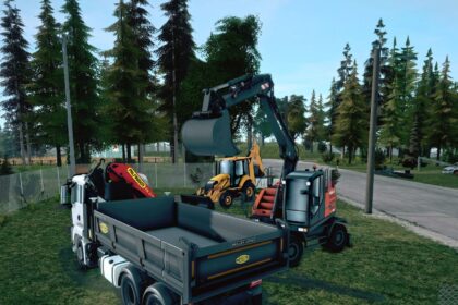 Construction Simulator 4 features excavators and trucks on a site