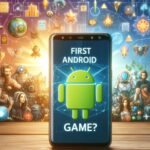 An Android phone displaying "First Android Game?" with icons surrounding it