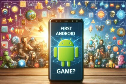 An Android phone displaying "First Android Game?" with icons surrounding it