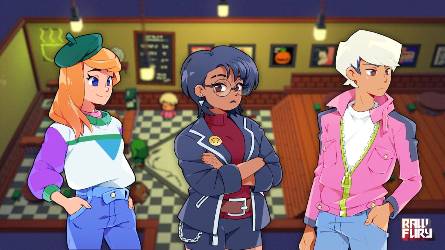 Three characters from Cassette Beasts Mobile standing in a cozy cafe