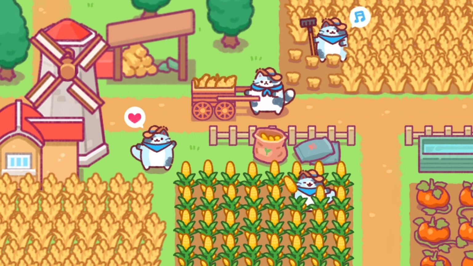 Cats farming in Cat Town Valley with crops and windmill background