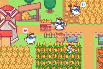 Cats farming in Cat Town Valley with crops and windmill background
