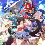 Characters from the Demon Squad mobile game posing against a vibrant sky