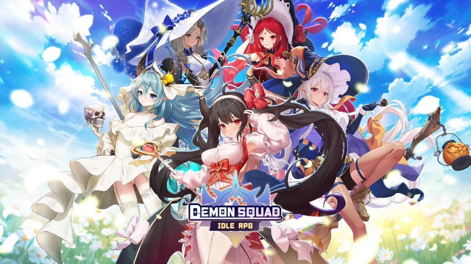 Characters from the Demon Squad mobile game posing against a vibrant sky