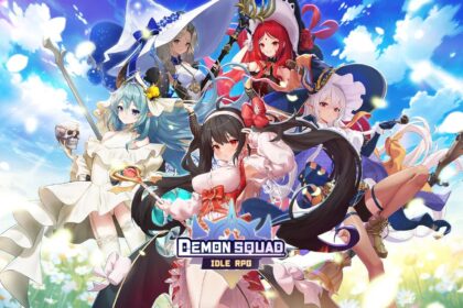 Characters from the Demon Squad mobile game posing against a vibrant sky