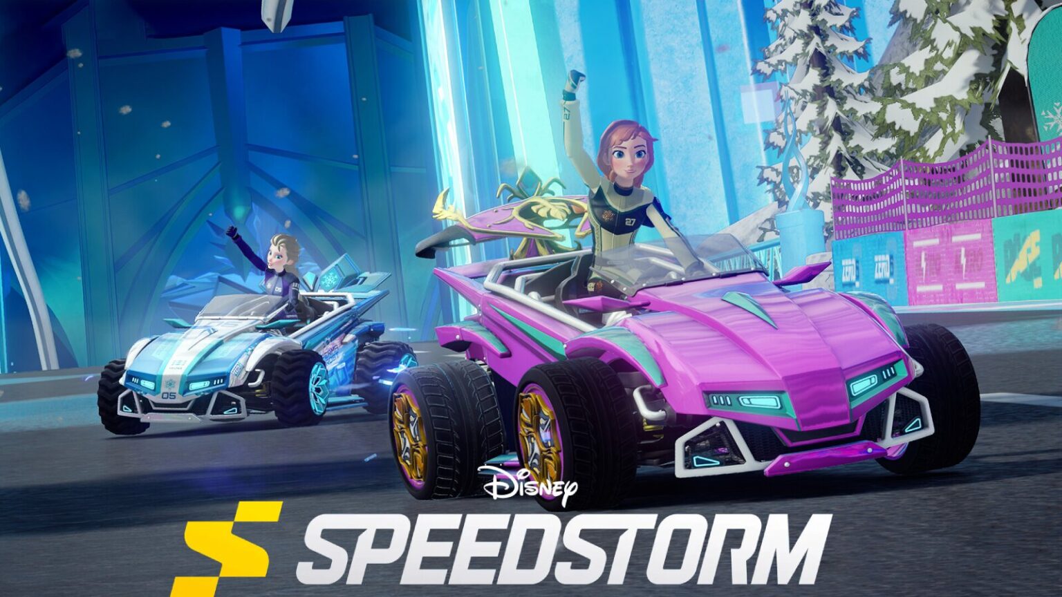 Two characters race futuristic cars in Disney Speedstorm Mobile game