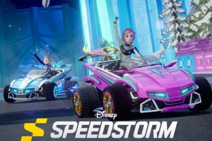 Two characters race futuristic cars in Disney Speedstorm Mobile game