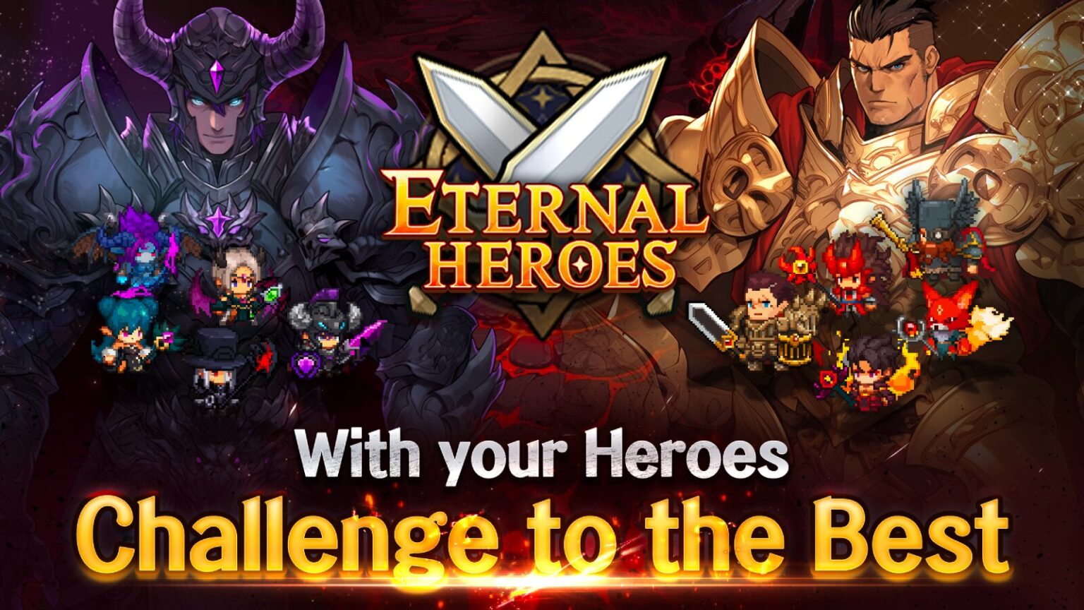 Eternal Defense game poster showing heroes ready for epic battles