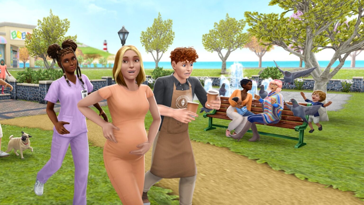 A bustling park scene in a free life simulation mobile game