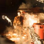 Character engulfed in flames in mobile game like Resident Evil 7