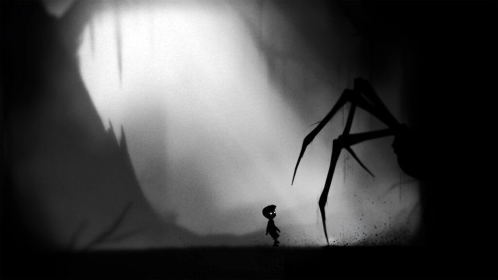 Silhouetted boy confronts giant spider in dark forest
