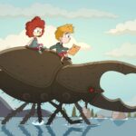 Two kids ride a giant beetle over water in Google Play Pass game
