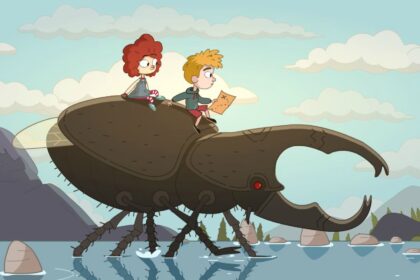 Two kids ride a giant beetle over water in Google Play Pass game