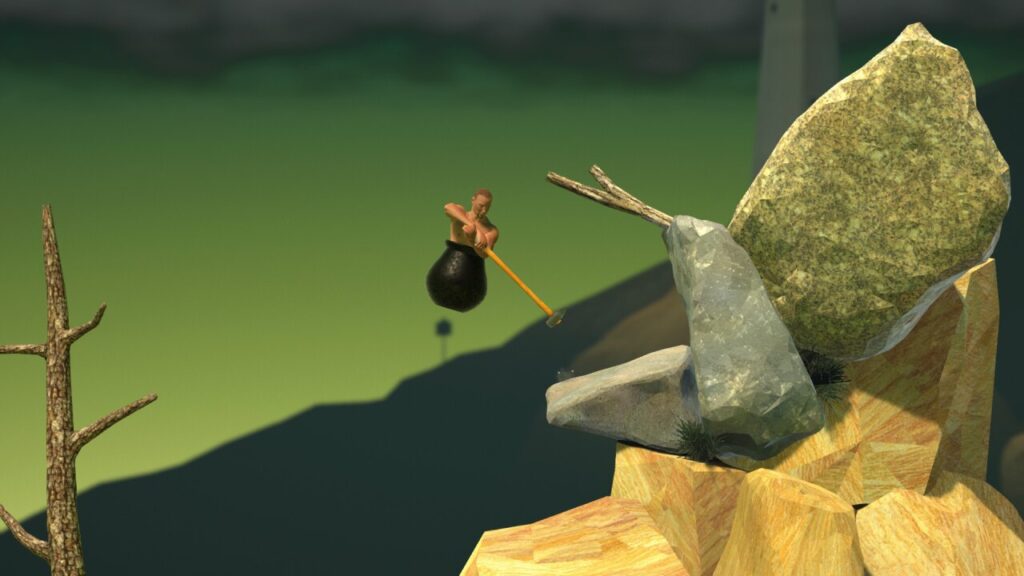 Man in cauldron climbs obstacles using hammer in Play Pass game