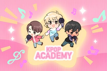 Three chibi characters singing joyfully promoting K-Pop Academy musical fun