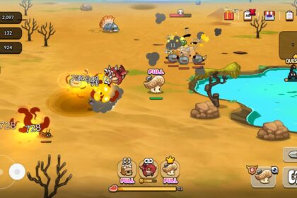 Mushroom Go game battle scene with characters fighting enemies in desert