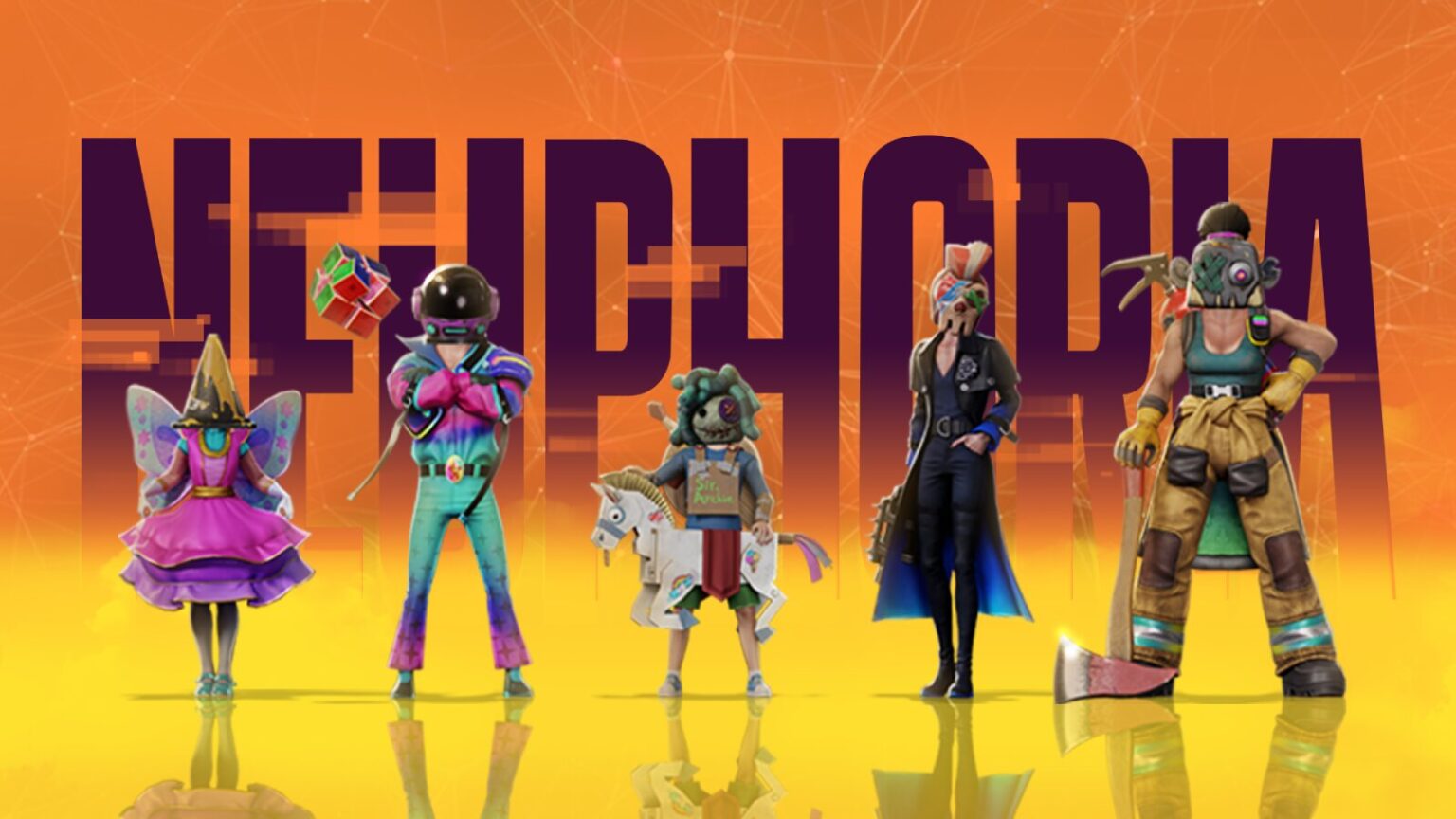 Five unique characters from Neuphoria game standing against an orange background