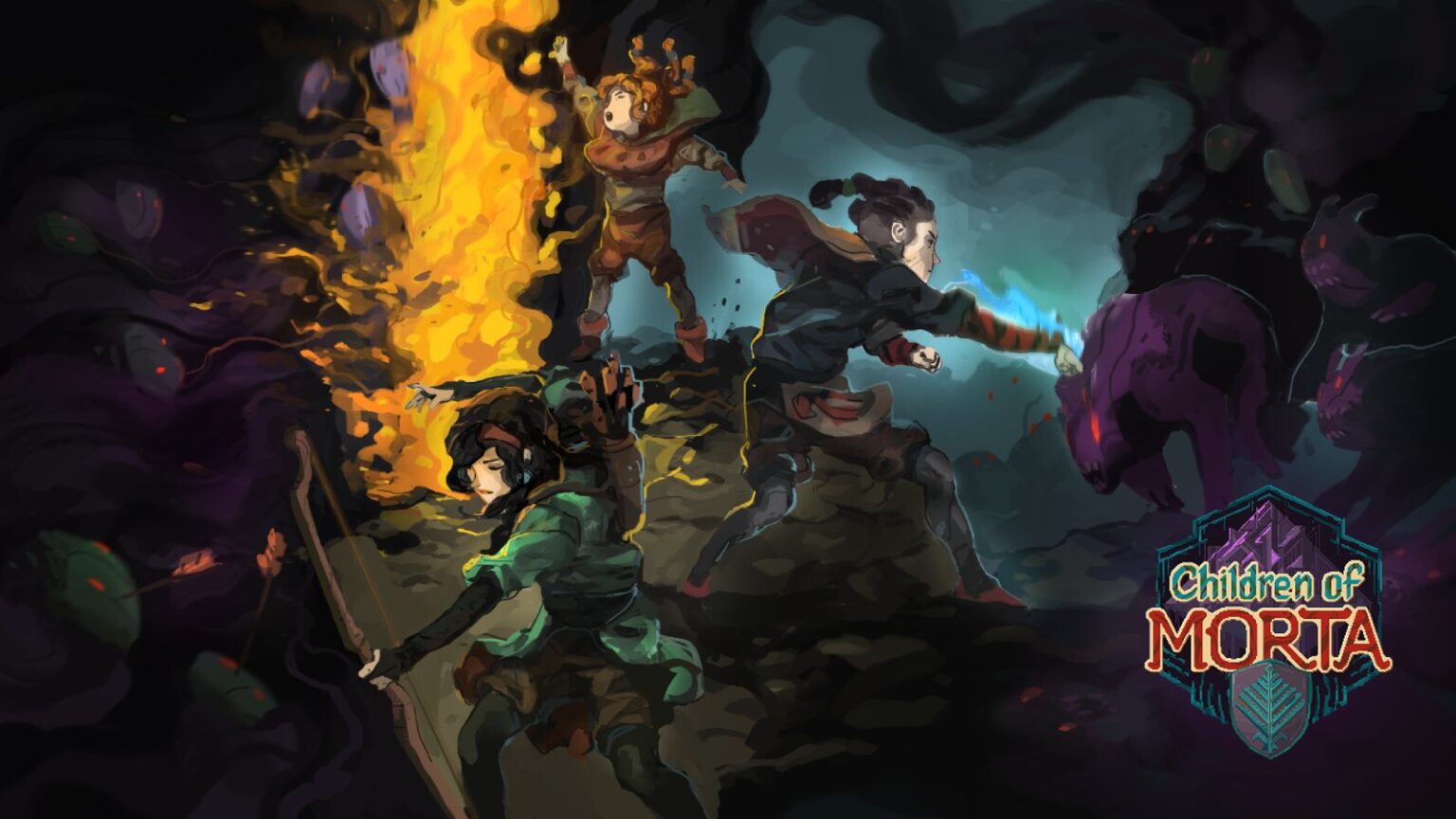 Three characters fighting creatures with fire and magic in Children of Morta Mobile