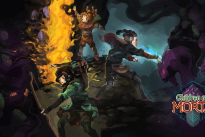 Three characters fighting creatures with fire and magic in Children of Morta Mobile