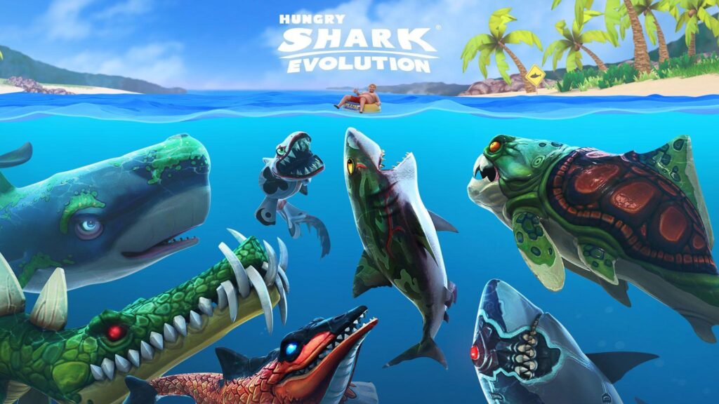 Sharks gather in Hungry Shark Evolution mobile game scene