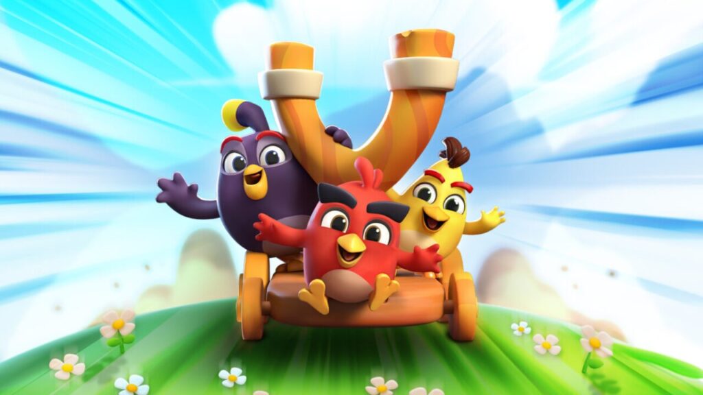 Angry birds ride a slingshot in a phone game
