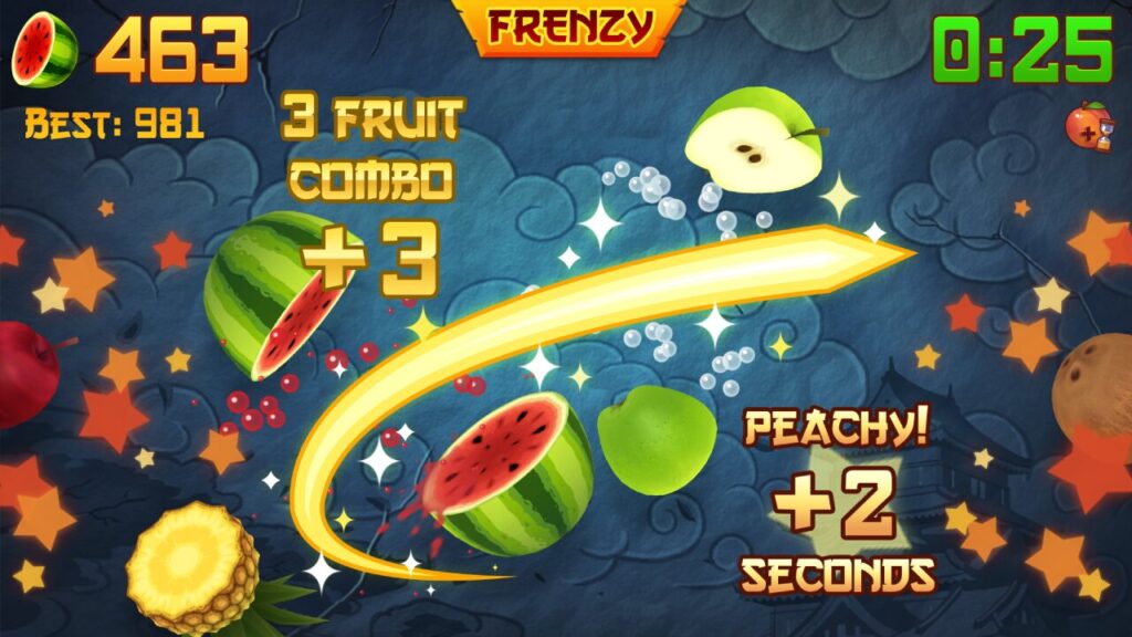 Sliced fruit flies in a mobile game