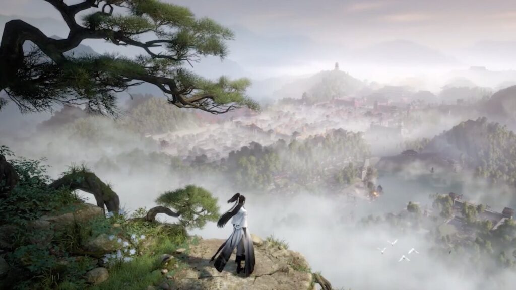 A figure overlooks misty ancient town in NiShuiHan Mobile