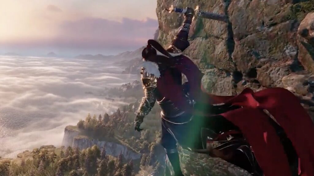 Warrior leaps off cliff in Sword of Justice game