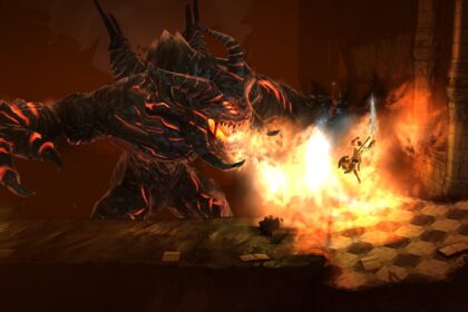 A warrior fights a fiery beast in a hack and slash mobile game