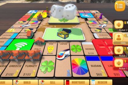 Monopoly-inspired mobile game with vibrant digital board