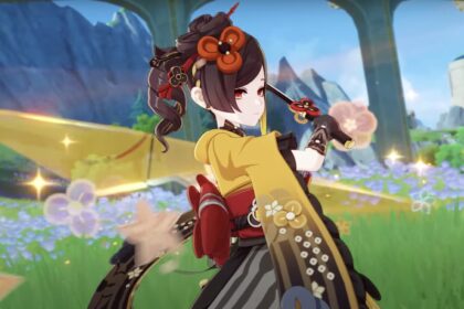 Genshin Impact Version 4.5 character wields sword amid blooming flowers