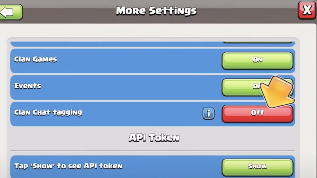 Settings menu displays Clan Games, Events, Clan Chat Tagging options