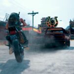 Motorcycle chase through a dusty urban town in multiplayer mobile game