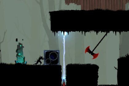 Silhouetted character navigating deadly traps in offline mobile game