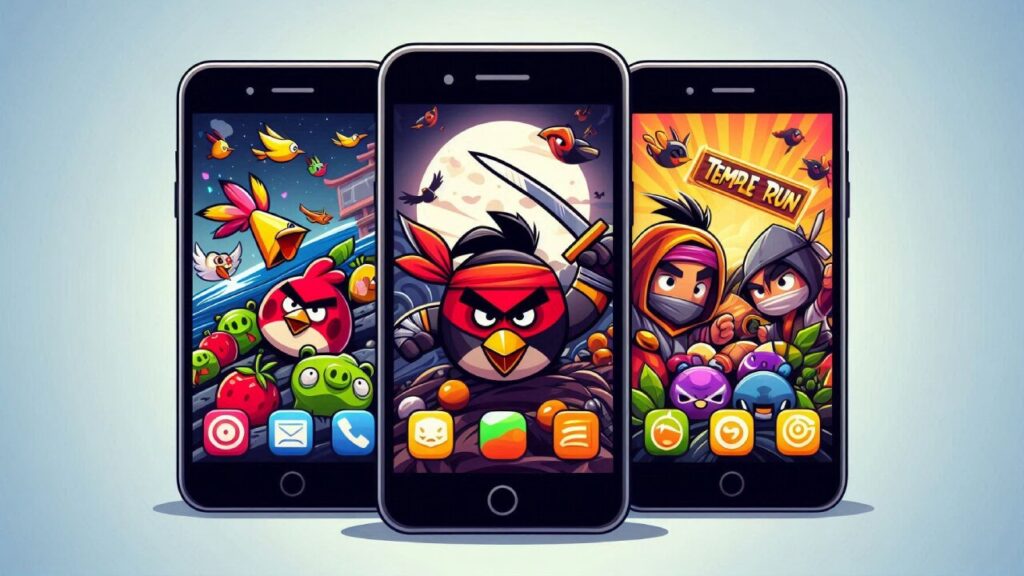 Early Android game characters displayed on three mobile' screens