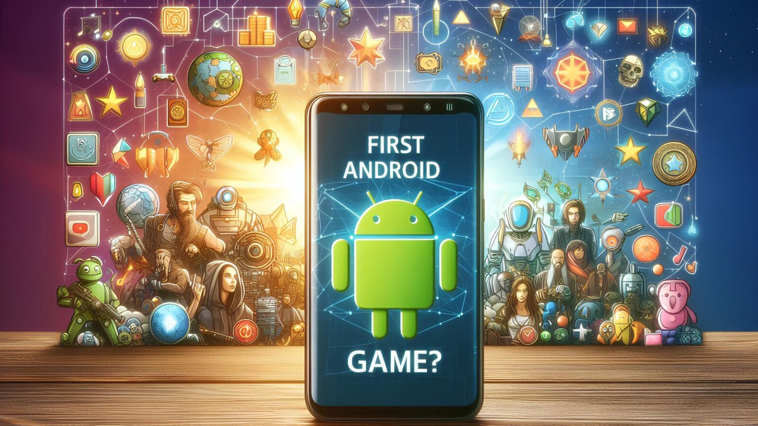 An Android phone displaying "First Android Game?" with icons surrounding it