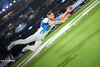 A player makes a diving catch in Gods Of Cricket mobile game