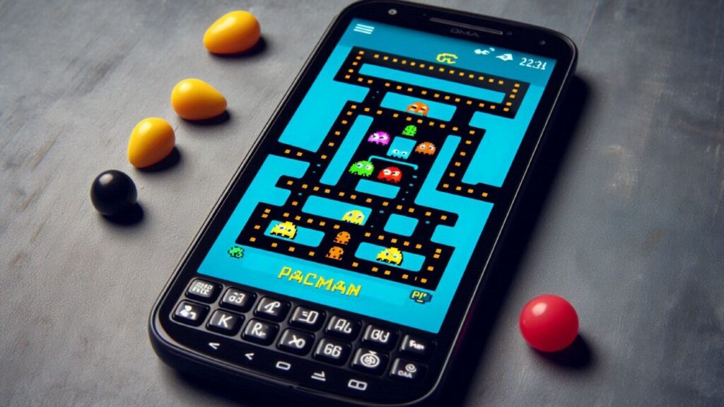 Classic Pac-Man game displayed on an old Android smartphone