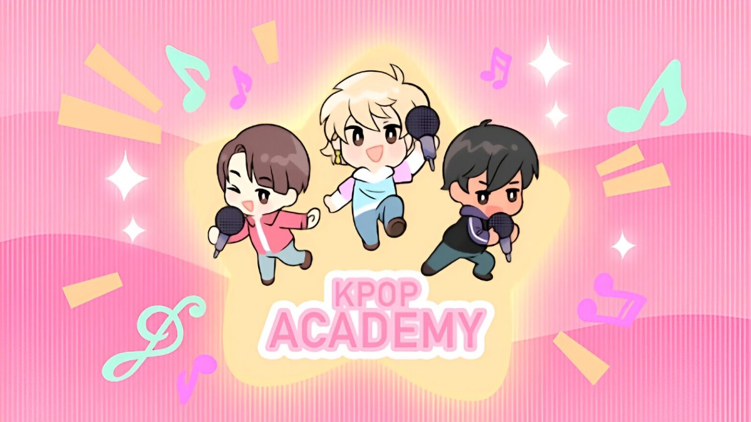 Three chibi characters singing joyfully promoting K-Pop Academy musical fun