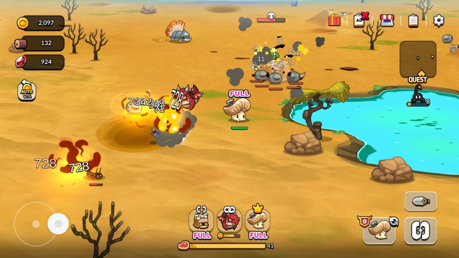 Mushroom Go game battle scene with characters fighting enemies in desert