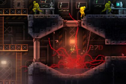 A red tentacled creature attacks soldiers in Carrion mobile game