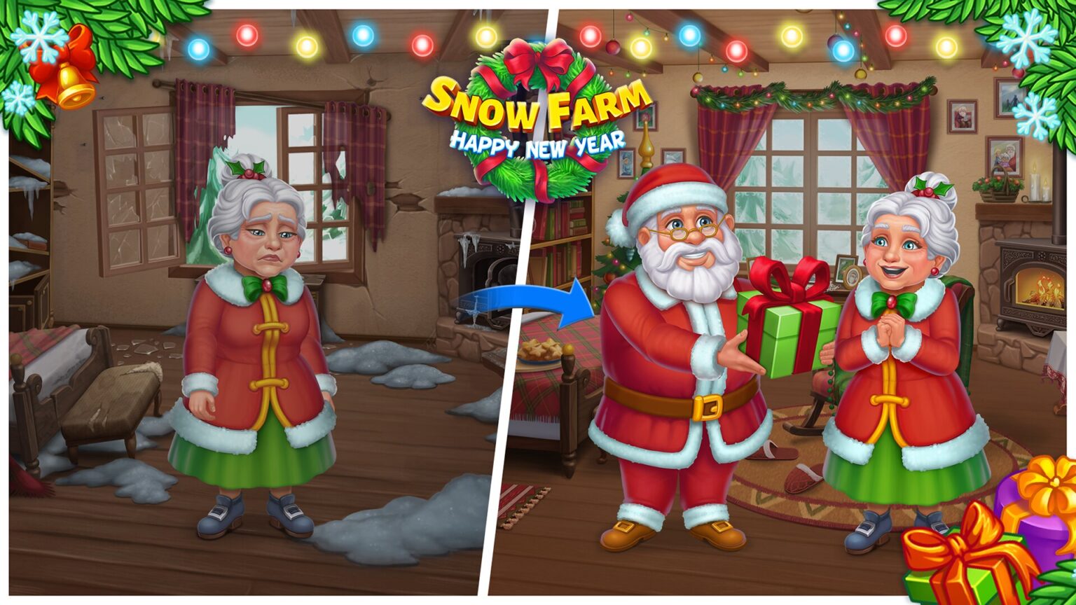 Transformation of a home with Santa magic in Christmas Themed mobile game